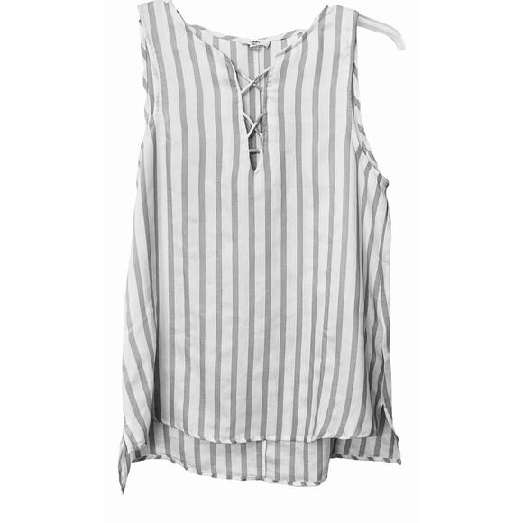 ENTRO SLEEVELESS V-NECK TUNIC STYLE BLOUSE, WOMENS, M, WHITE & GREY STRIPES - Picture 1 of 9